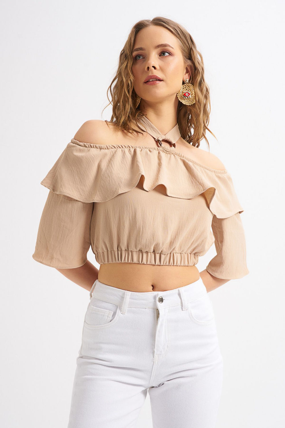 Halter Neck Detailed Flounce Blouse Stone