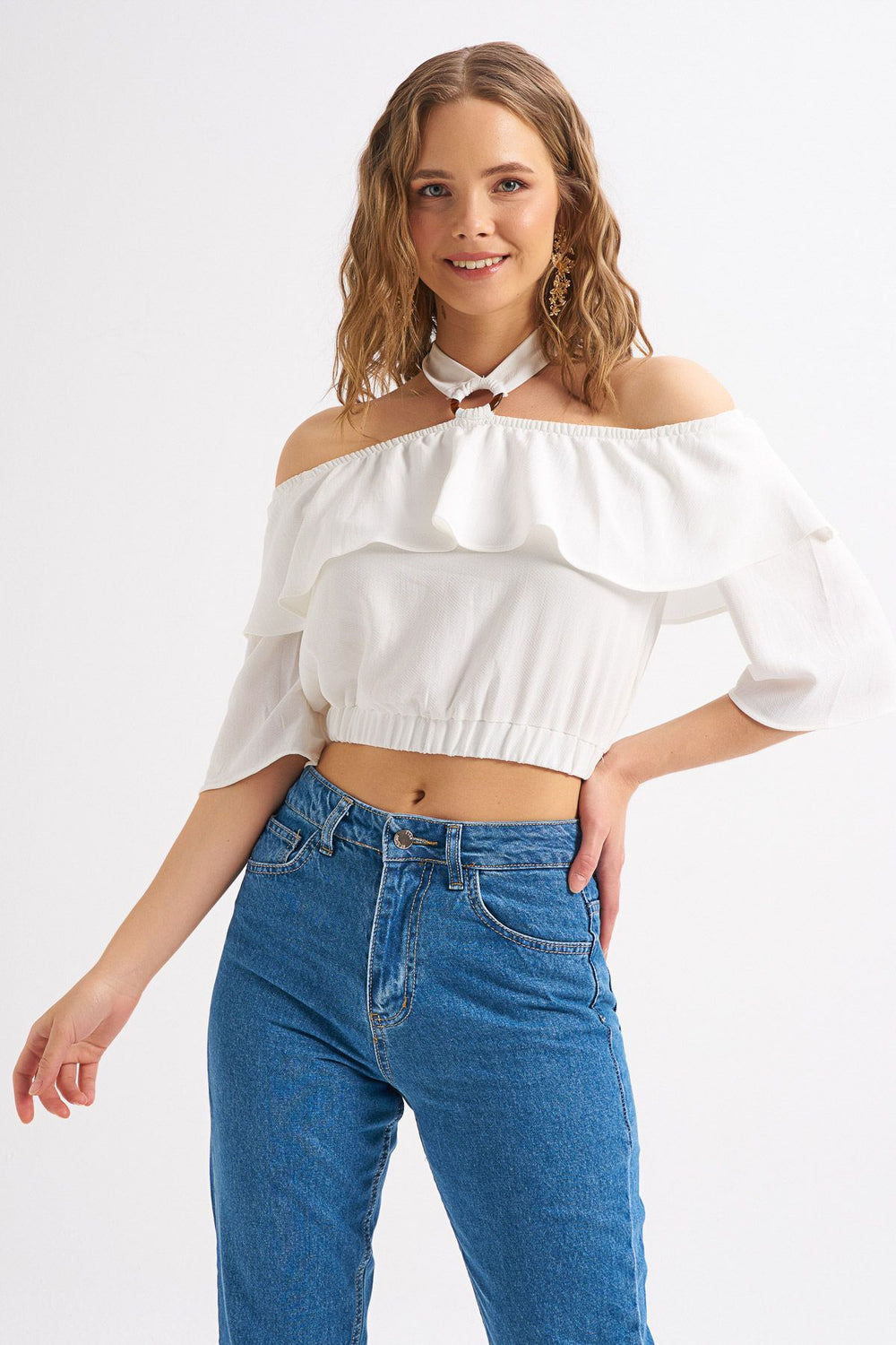 Halter Neck Detailed Flounce Blouse White