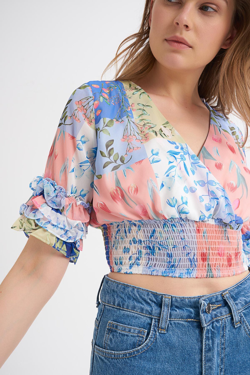 Patterned Double Breasted Sleeve Detailed Blouse Indigo