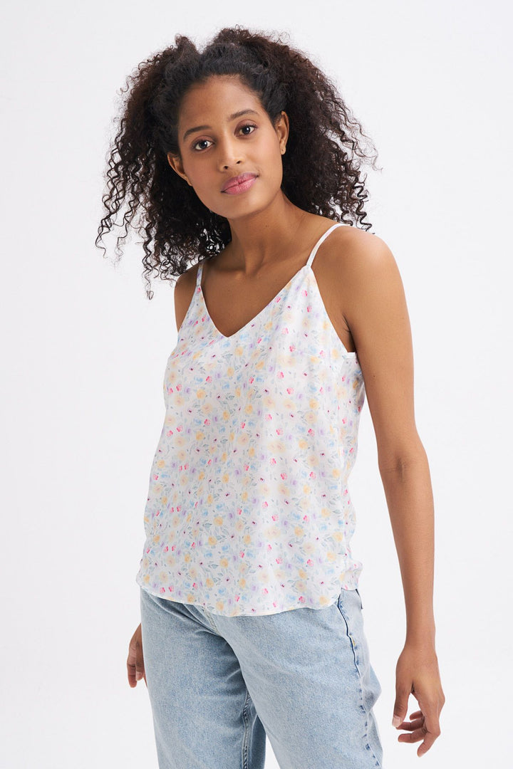 Floral Patterned Strap Blouse Ecru