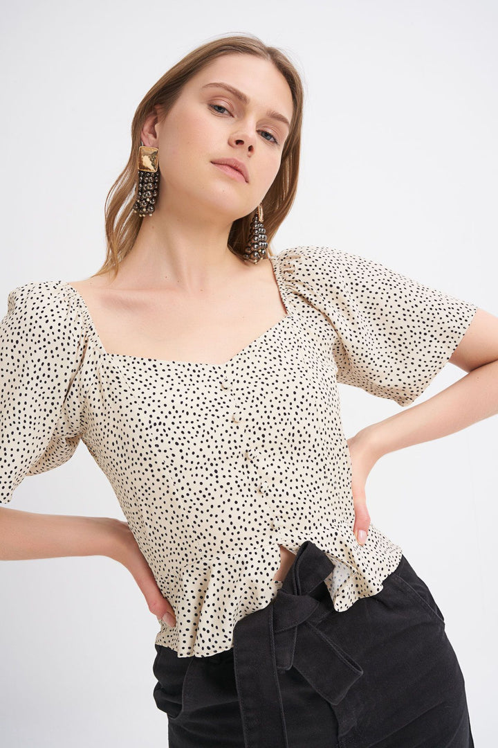 Button Detailed Polka Dot Volan Sleeve Blouse Beige