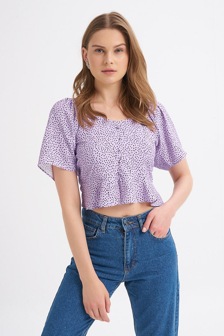 Button Detailed Polka Dot Volante Sleeve Blouse Lilac