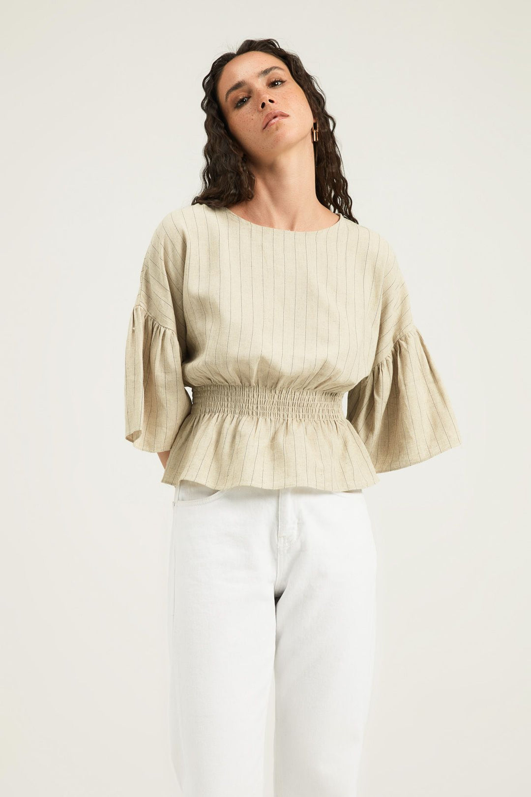 Striped Blouse with Gipe Waist Natural