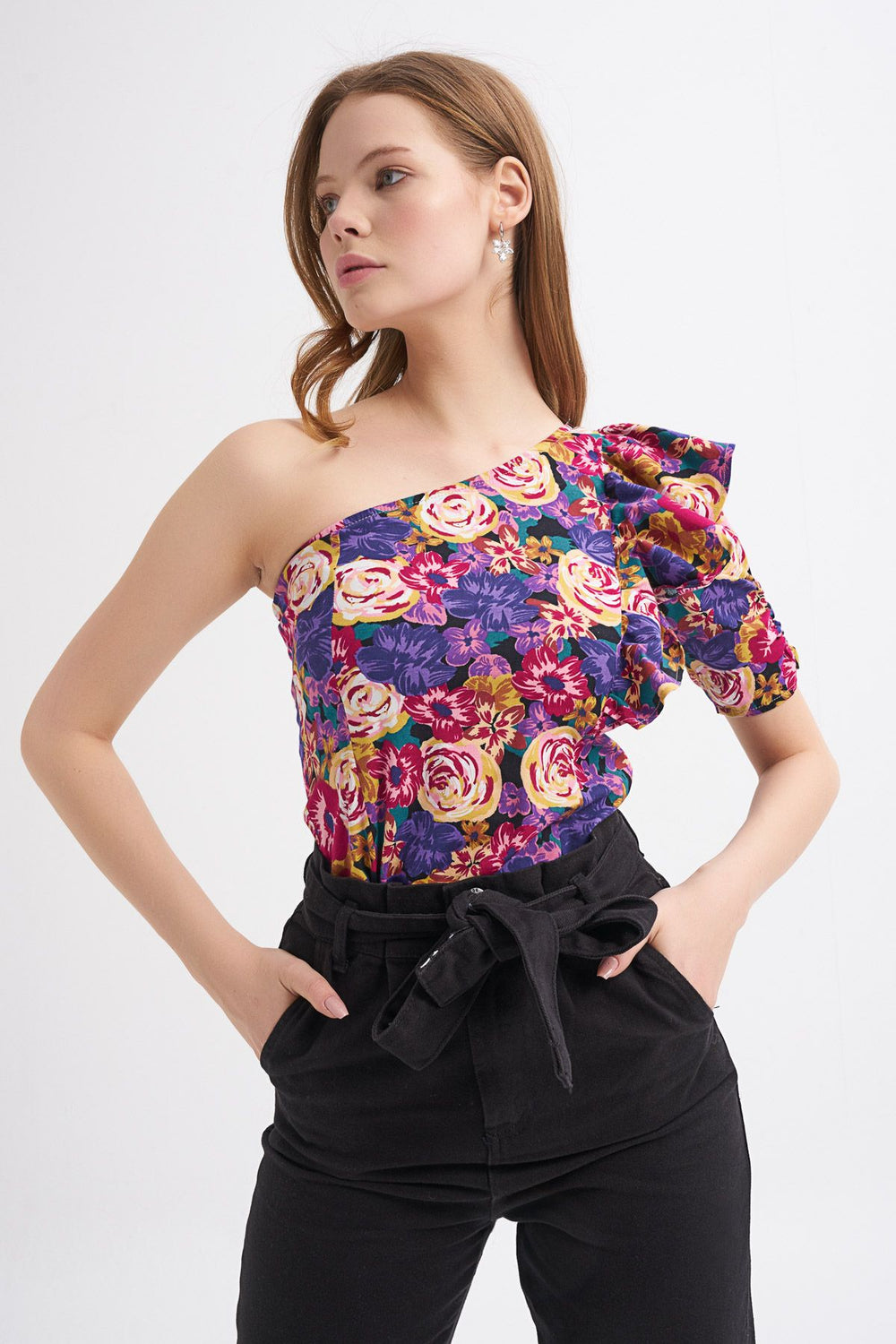 Floral Patterned One Shoulder Frill Detailed Blouse Purple