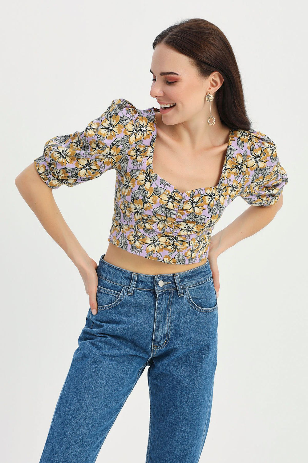 Floral Patterned Balloon Sleeve Crop Blouse Lilac