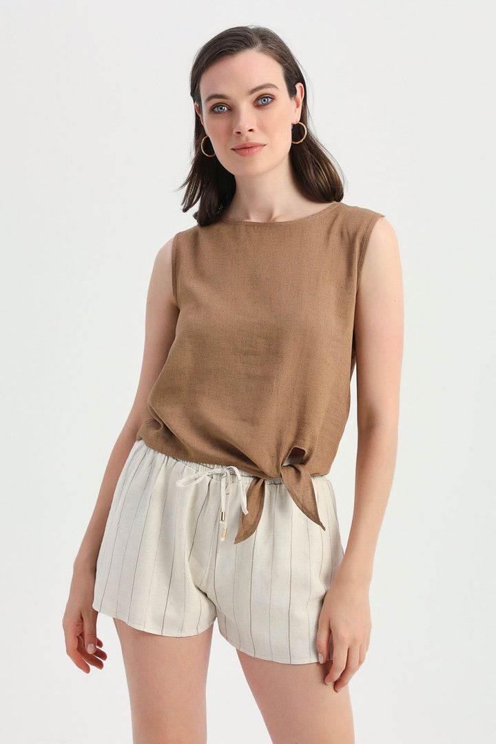 Side Tie Sleeveless Linen Blouse Brown