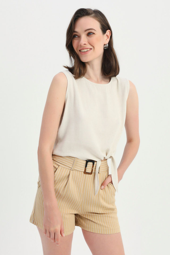 Side Tie Sleeveless Linen Blouse Natural