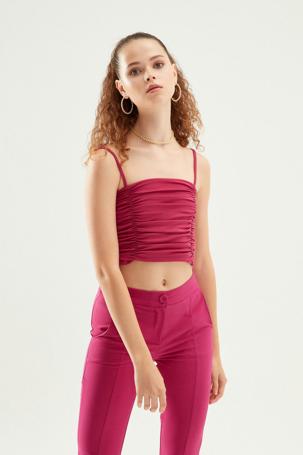 İnce Askılı Gipeli Crop Bluz Orkide