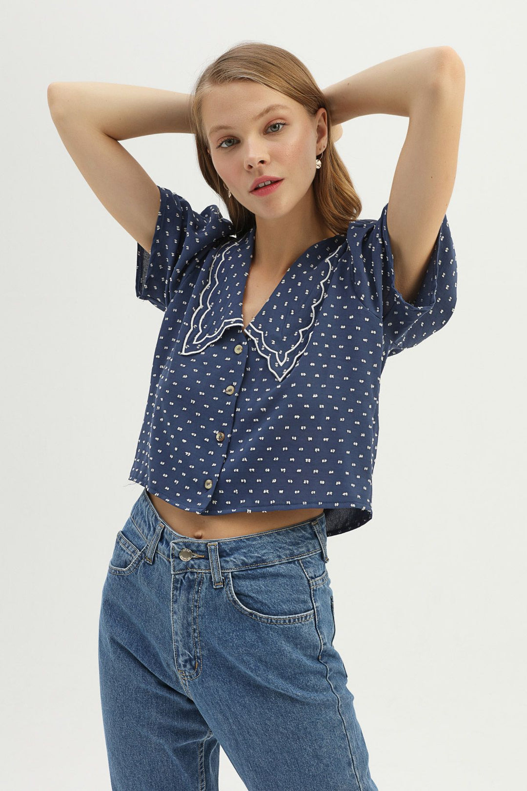 Embroidered Collar V-Neck Shirt Indigo