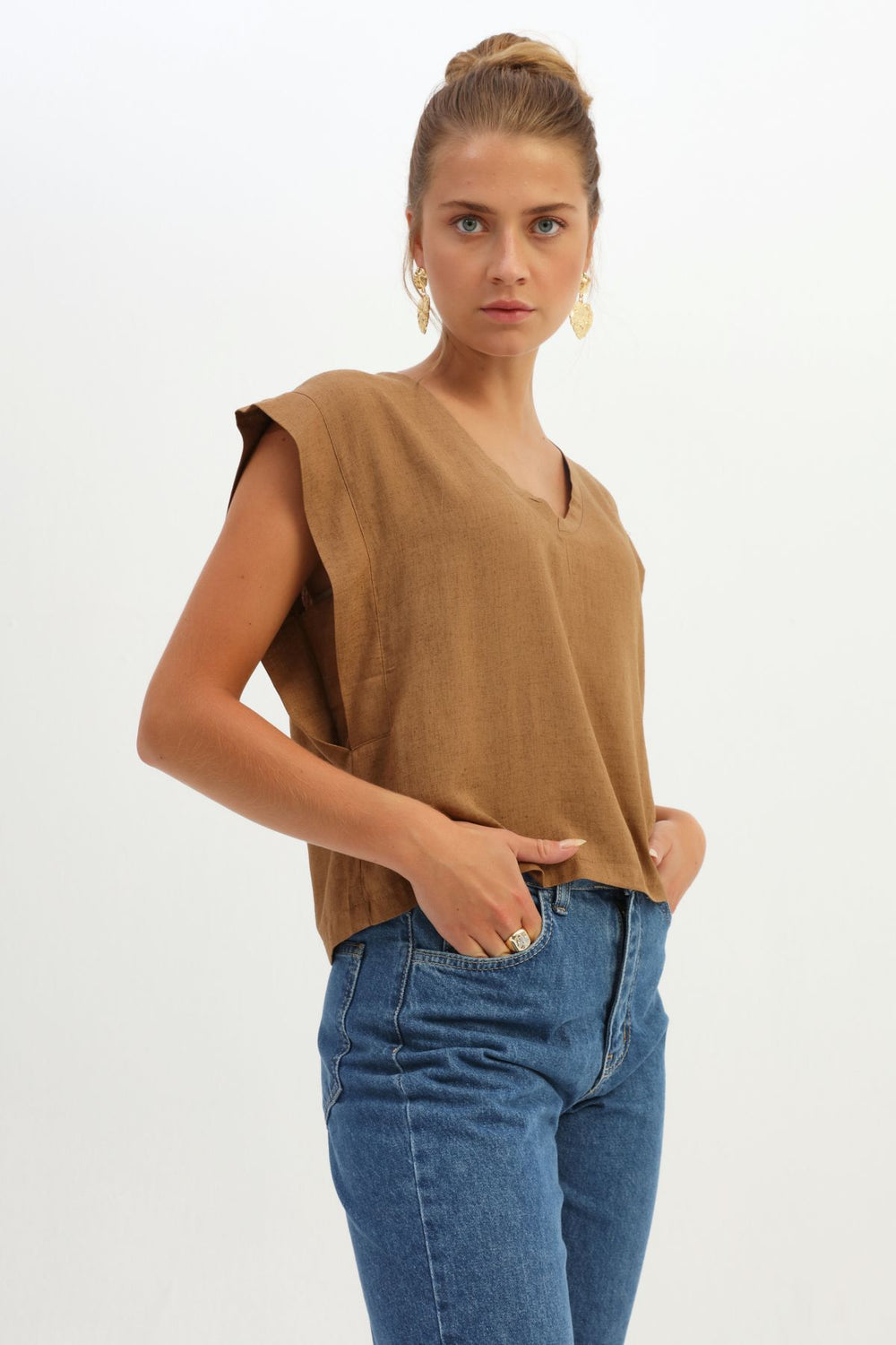 V Neck Linen Blouse Brown