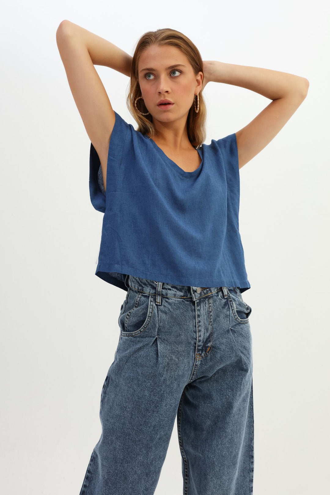 V Yaka Keten Bluz İndigo