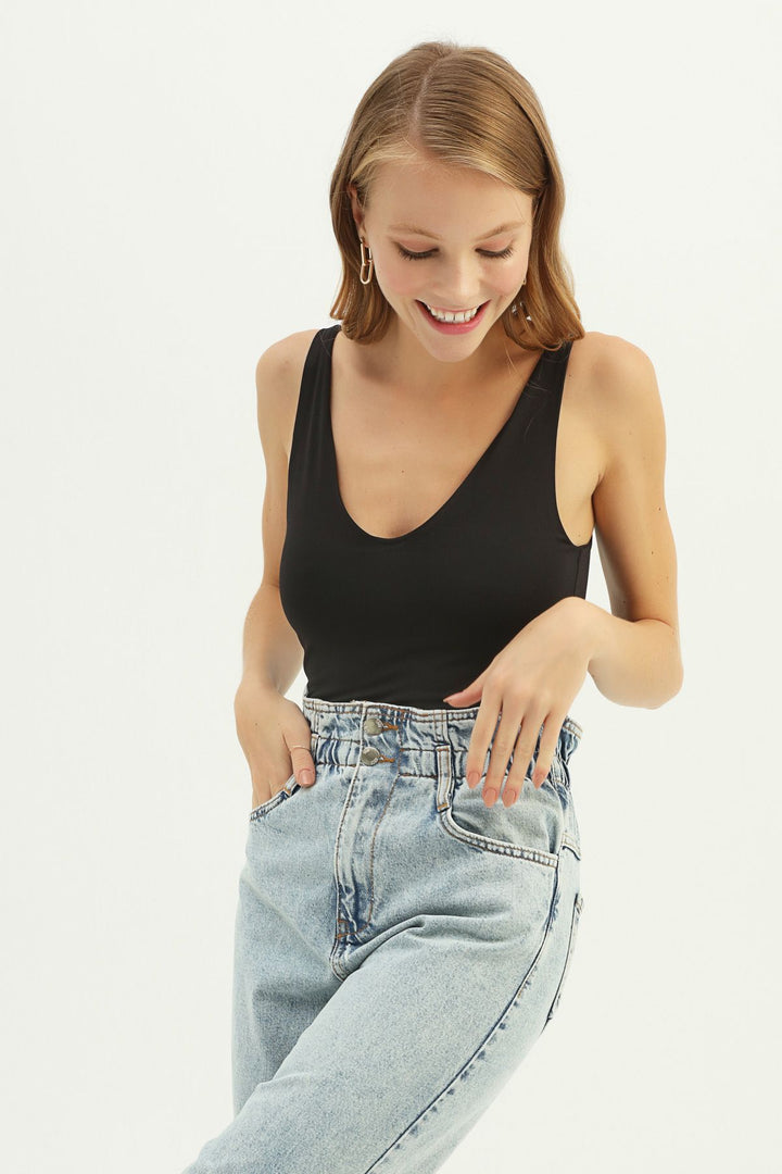 Strap V Neck Bodysuit Black