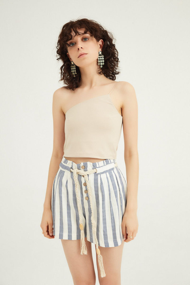 One Shoulder Strap Crop Blouse Beige