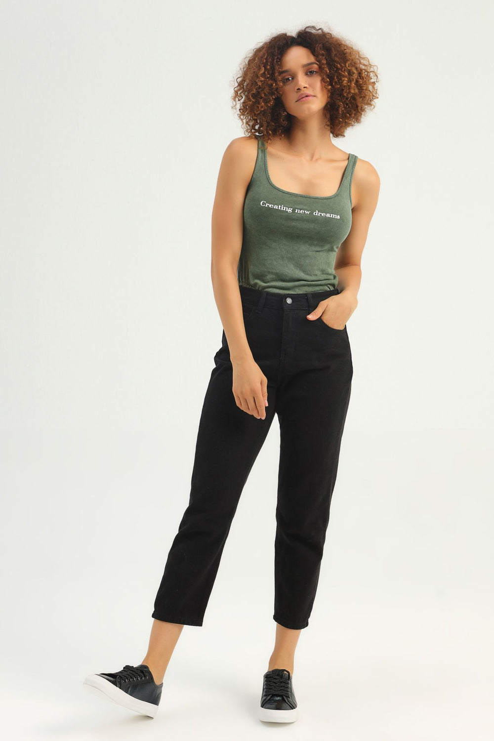 Letter Printed Strap Bodysuit Khaki