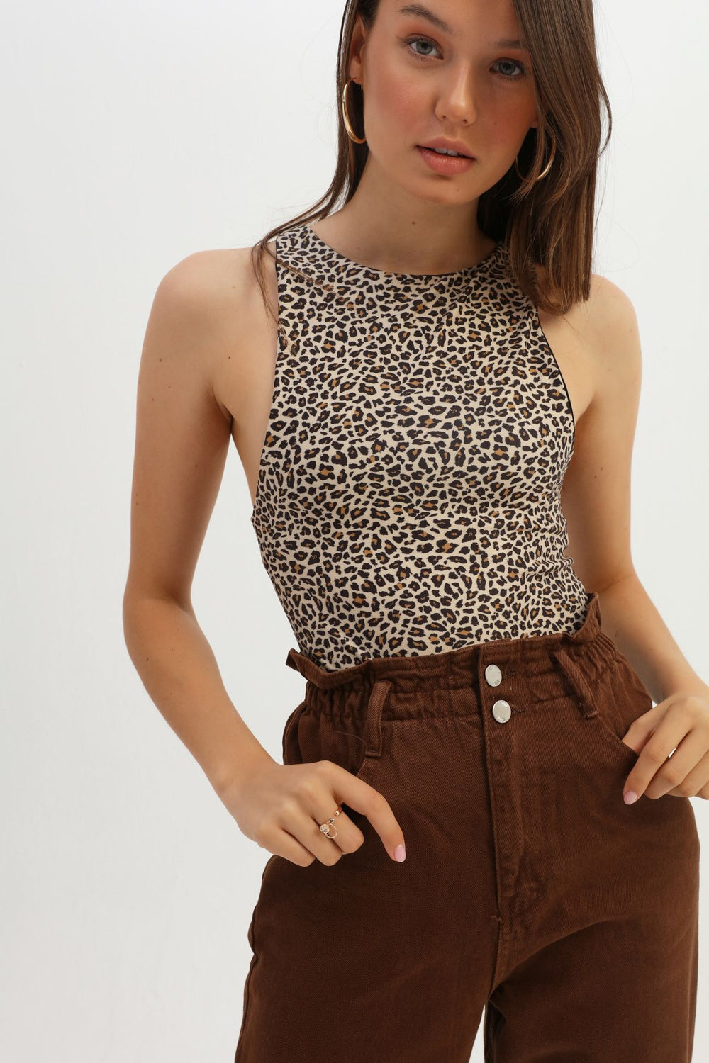 Leopard Pattern Halter Neck Bodysuit Brown