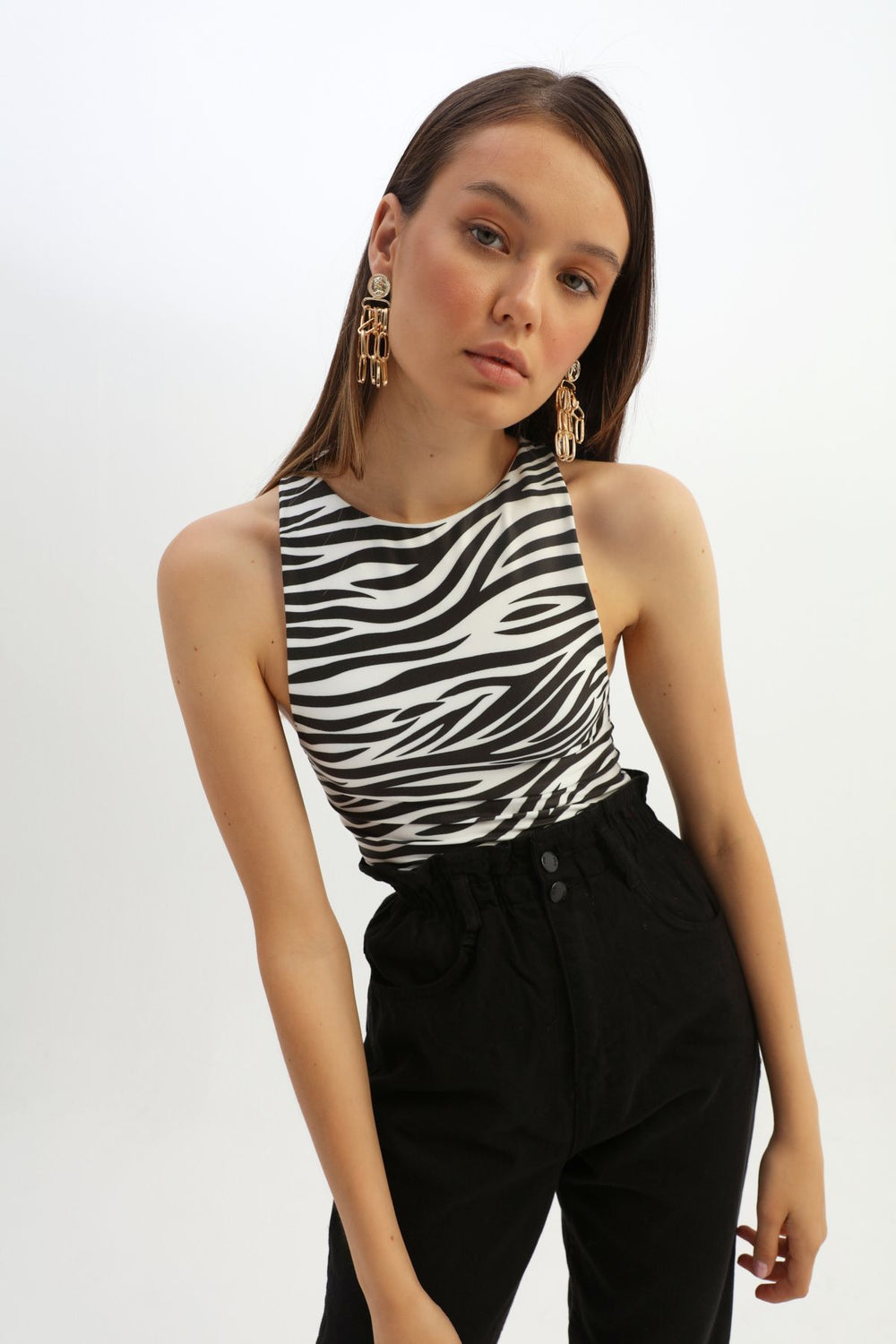 Zebra Patterned Halter Neck Bodysuit Black
