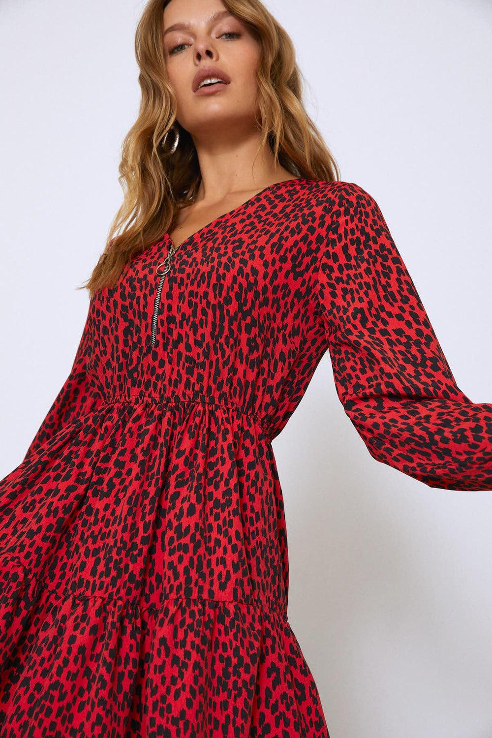 V Neck Zippered Elastic Waist Dress Coral