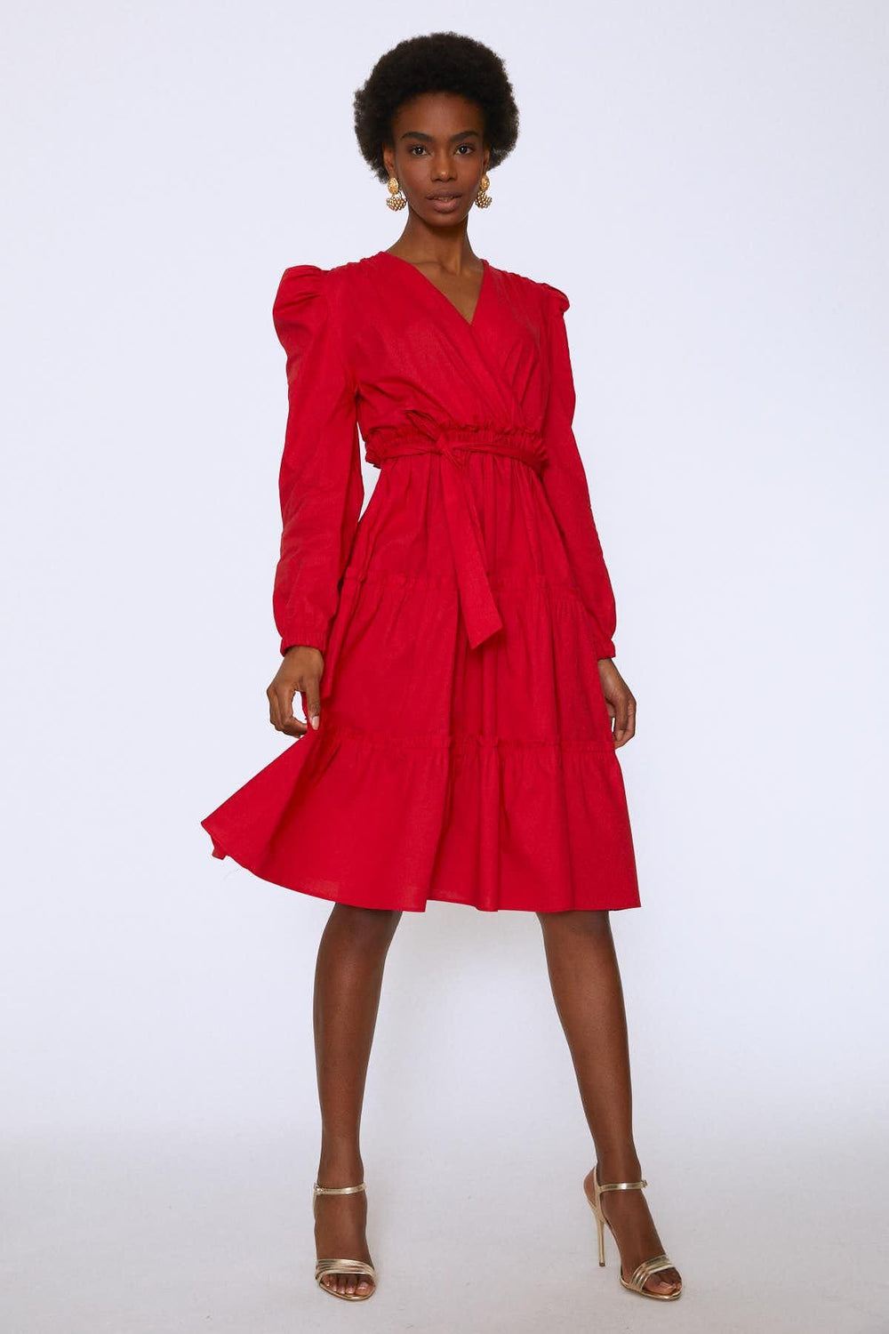 Waisted Sleeves Belted Dress Red