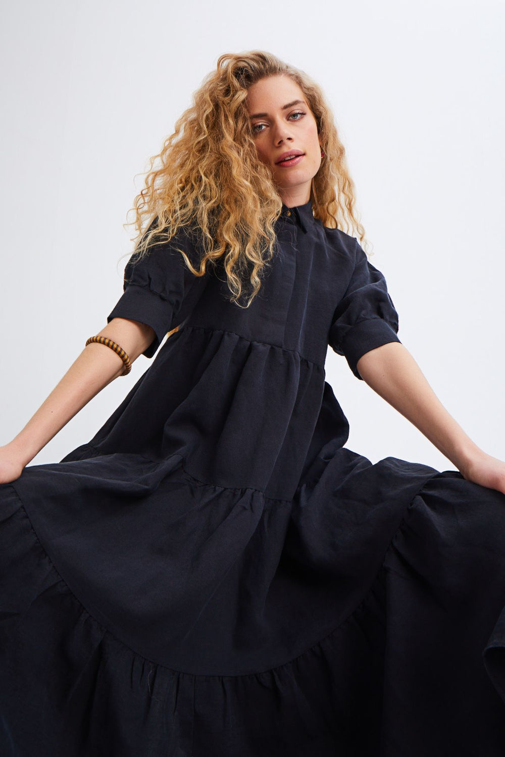 Shirt Collar Raglan Sleeve Dress Black