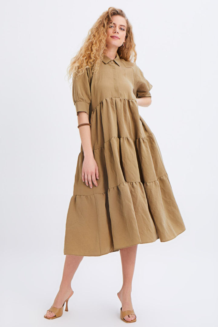 Shirt Collar Raglan Sleeve Dress Khaki