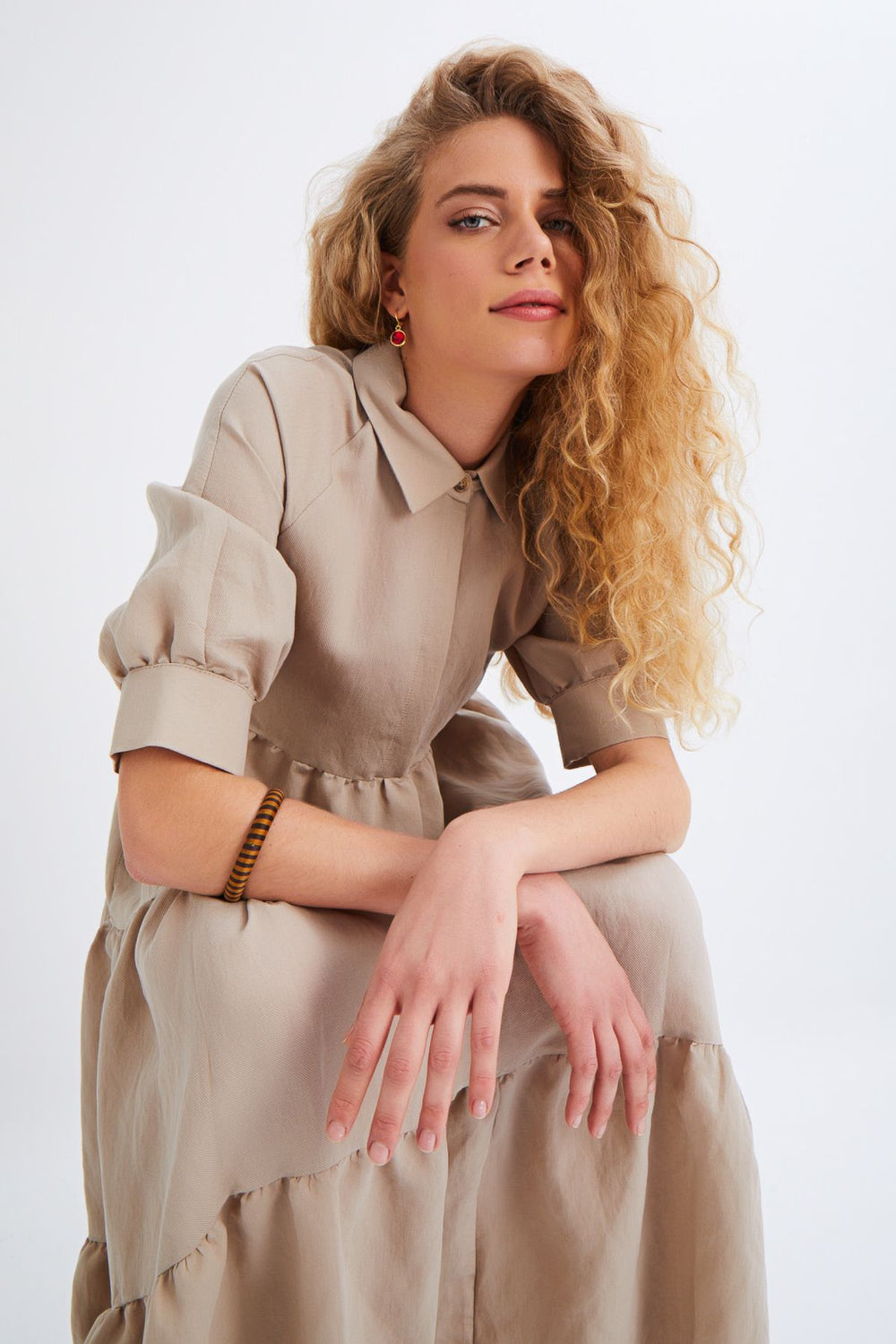 Shirt Collar Raglan Sleeve Dress Stone