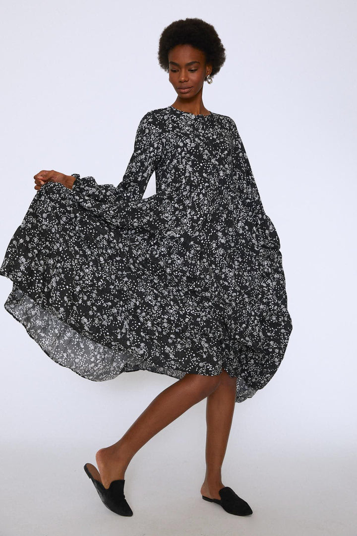 Crispy Floral Midi Dress Black
