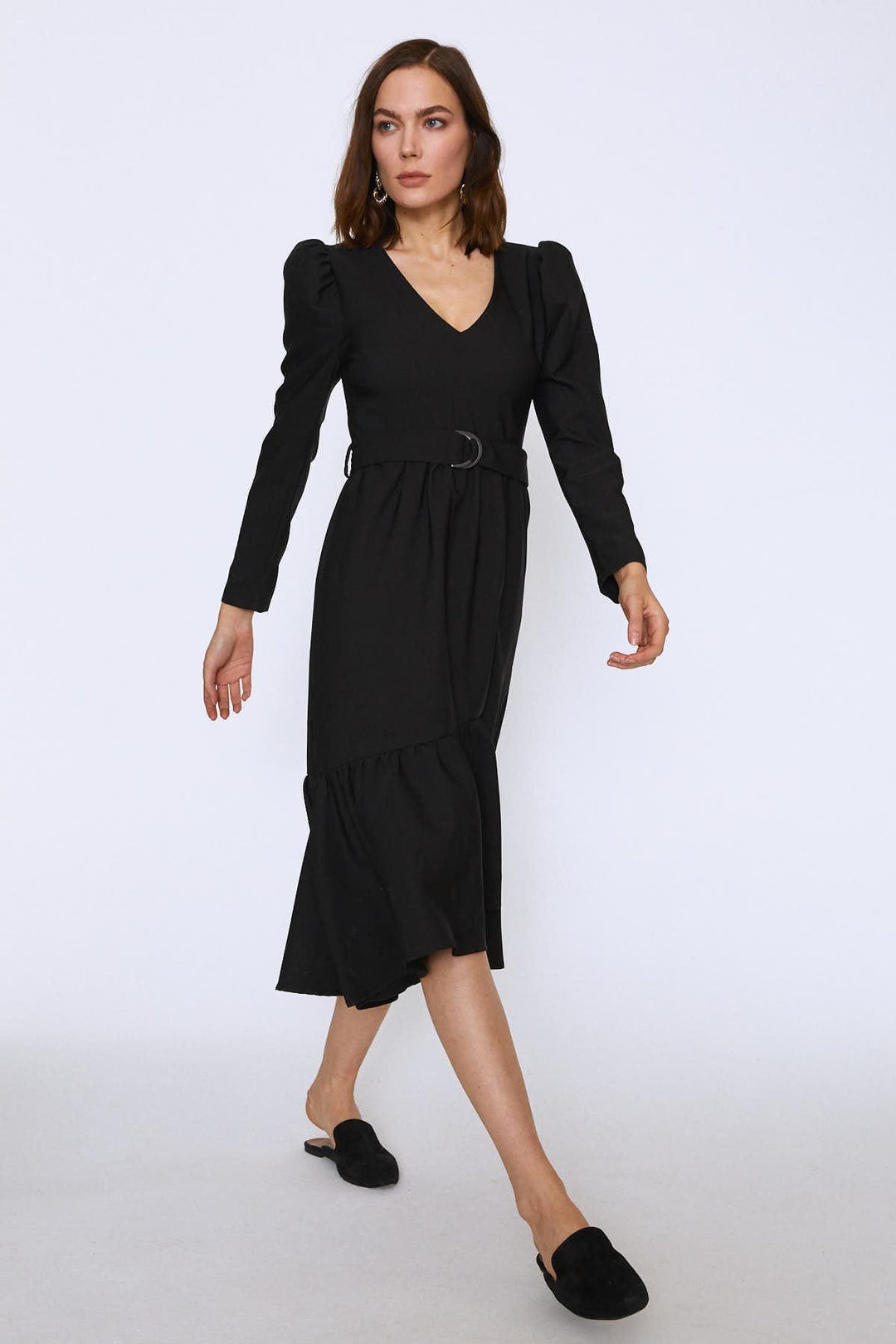 Watermelon Sleeve V Neck Midi Dress Black