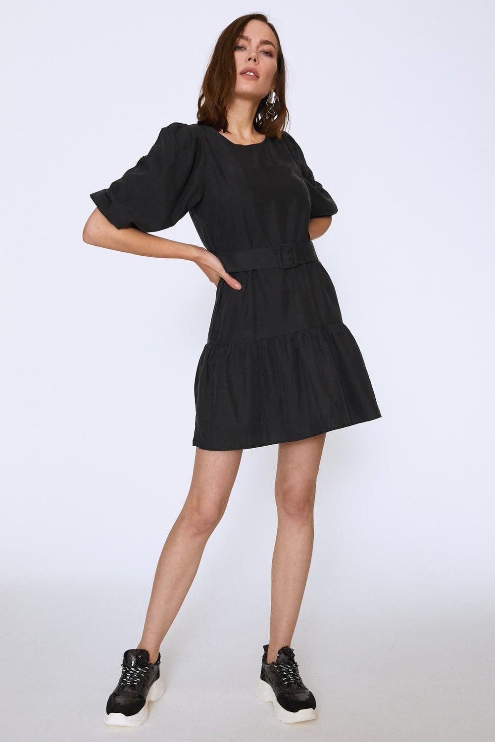 Waist Belt Skirt Frilly Dress Black