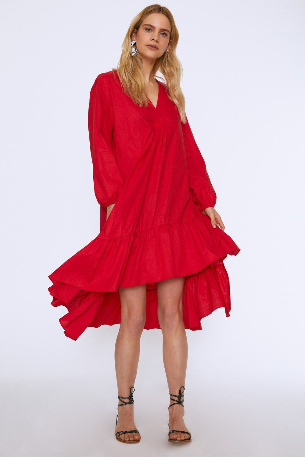 V Neck Skirt Frilly Dress Red
