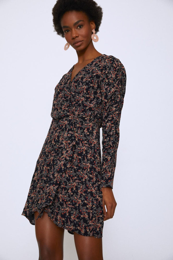 Crispy Floral Double Breasted Frilly V-Neck Dress Black