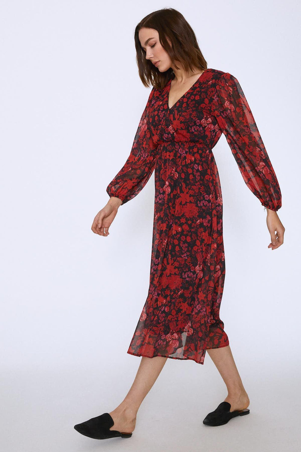 Flower Patterned V-Neck Midi Dress Red