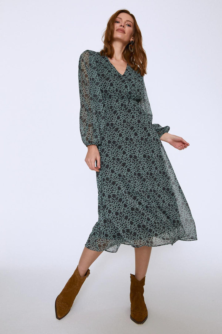Floral Pattern V Neck Midi Dress Mint