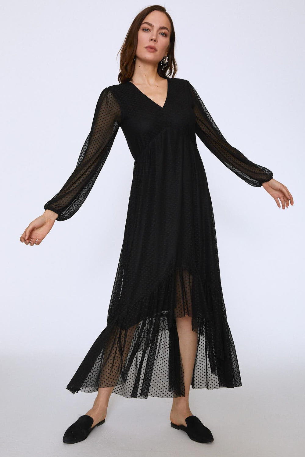 Polka Dot Tulle V-Neck Dress Black