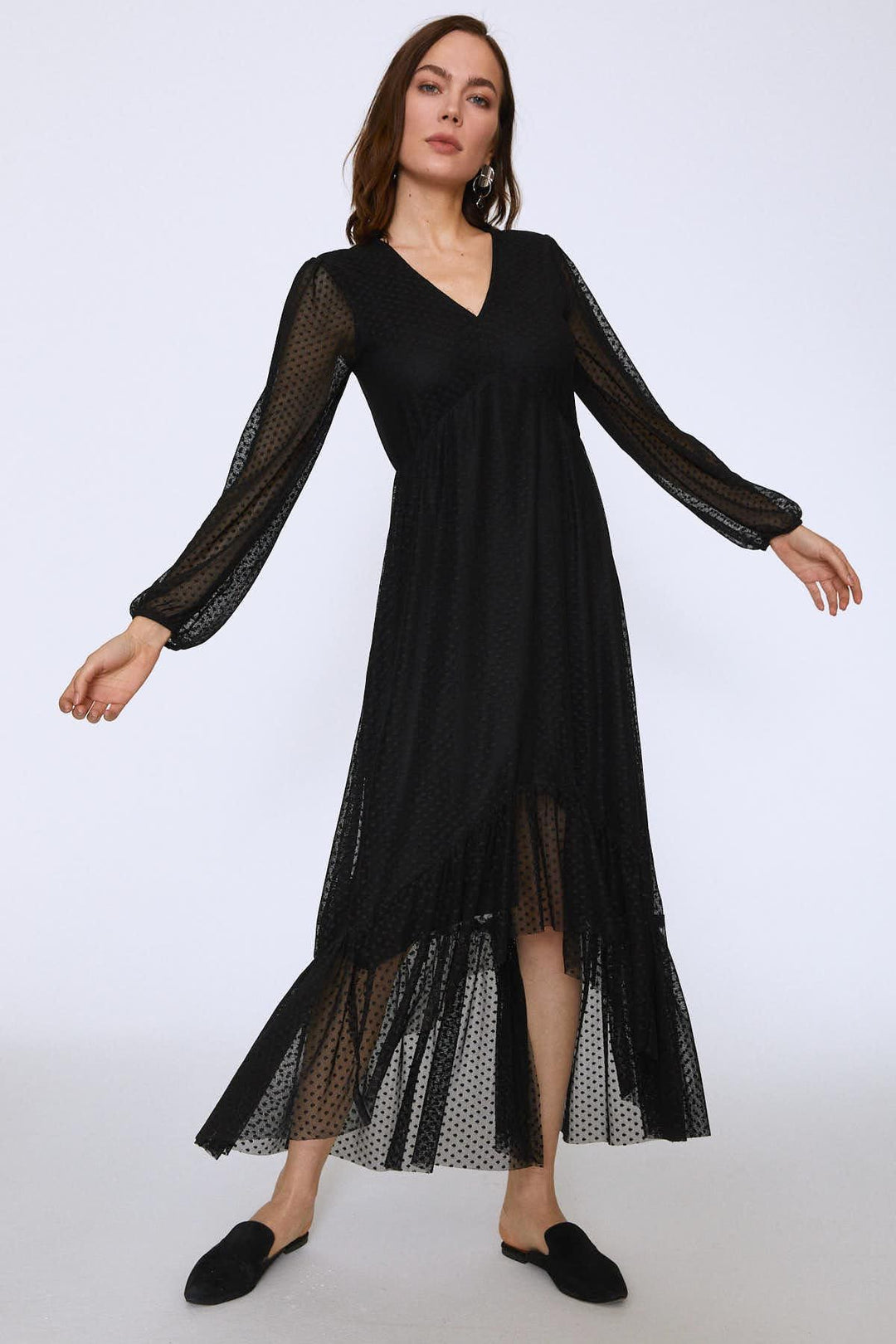 Polka Dot Tulle V-Neck Dress Black