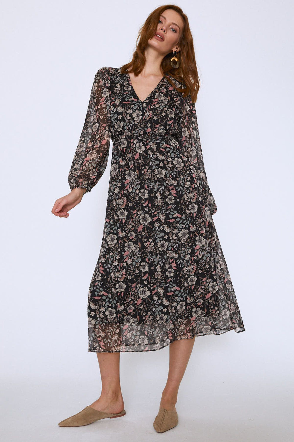 V Neck Floral Chiffon Dress Black