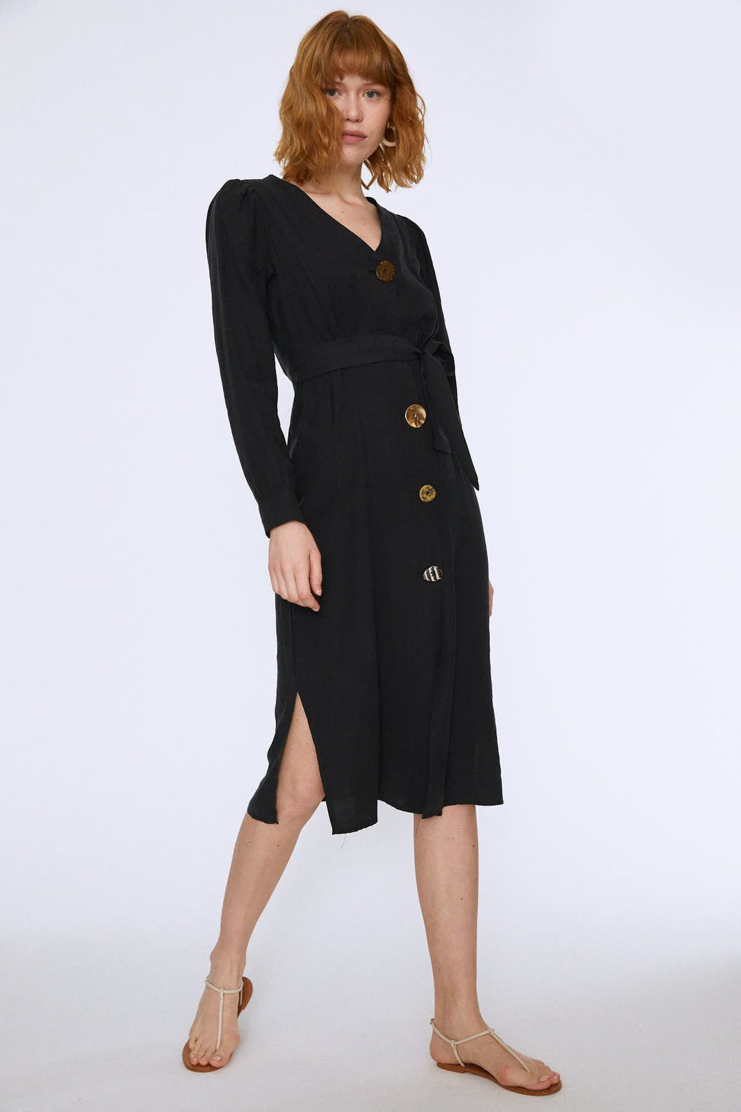 Button Front Belted Dress Black