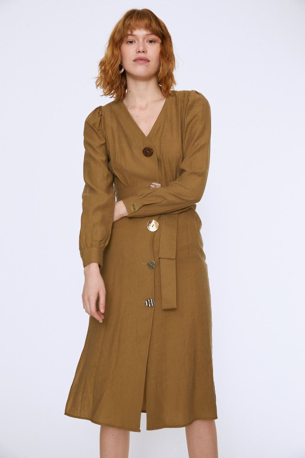 Button Front Belted Dress Khaki