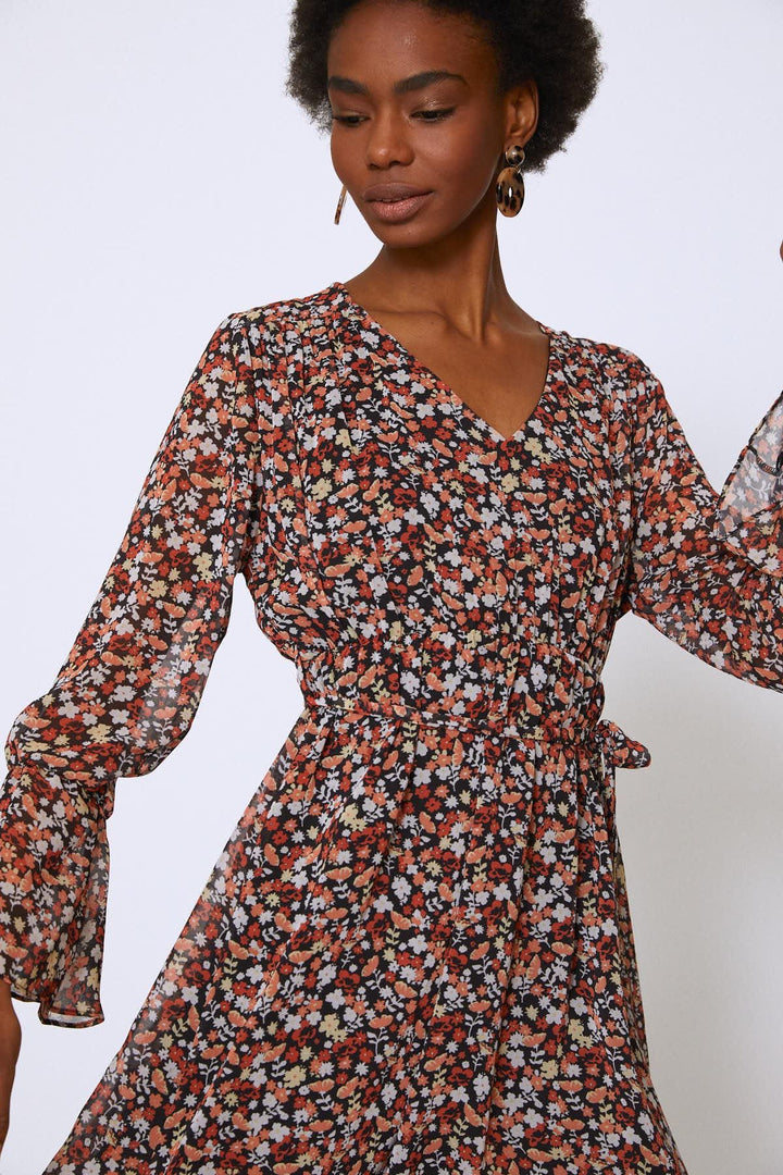 Crispy Flower Waist Belted Dress Orange