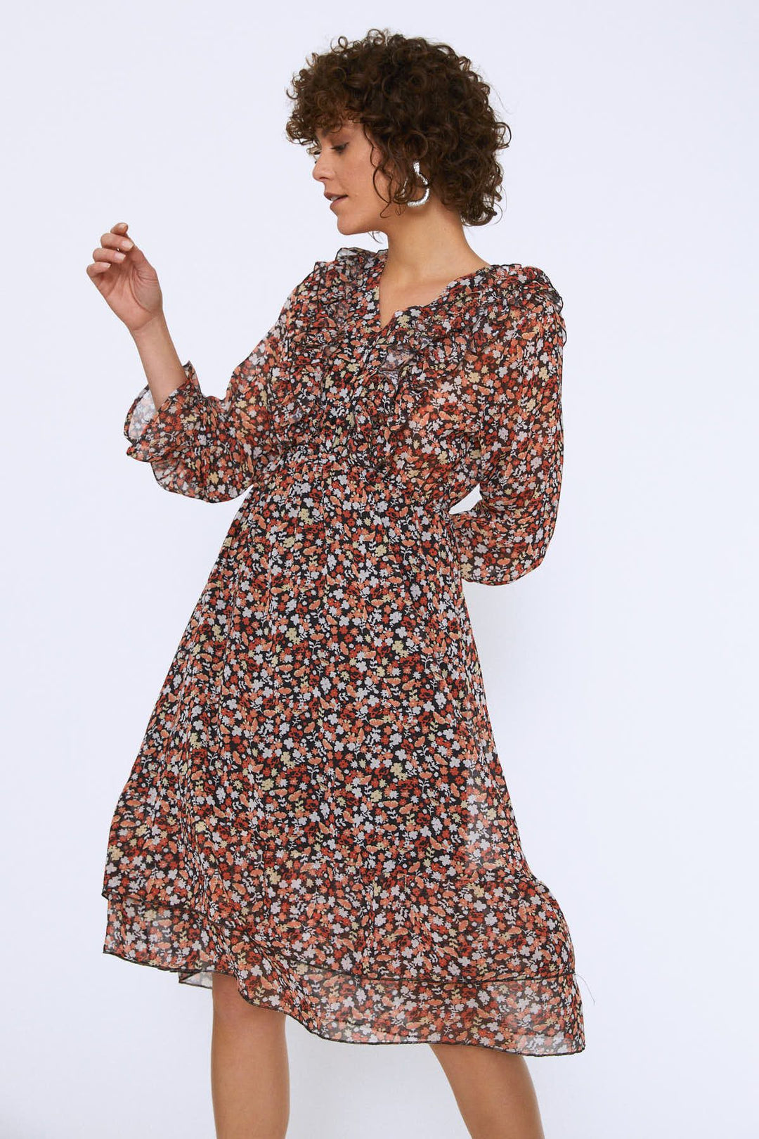 Önü Düğmeli Beli Lastikli Midi Elbise Oranj