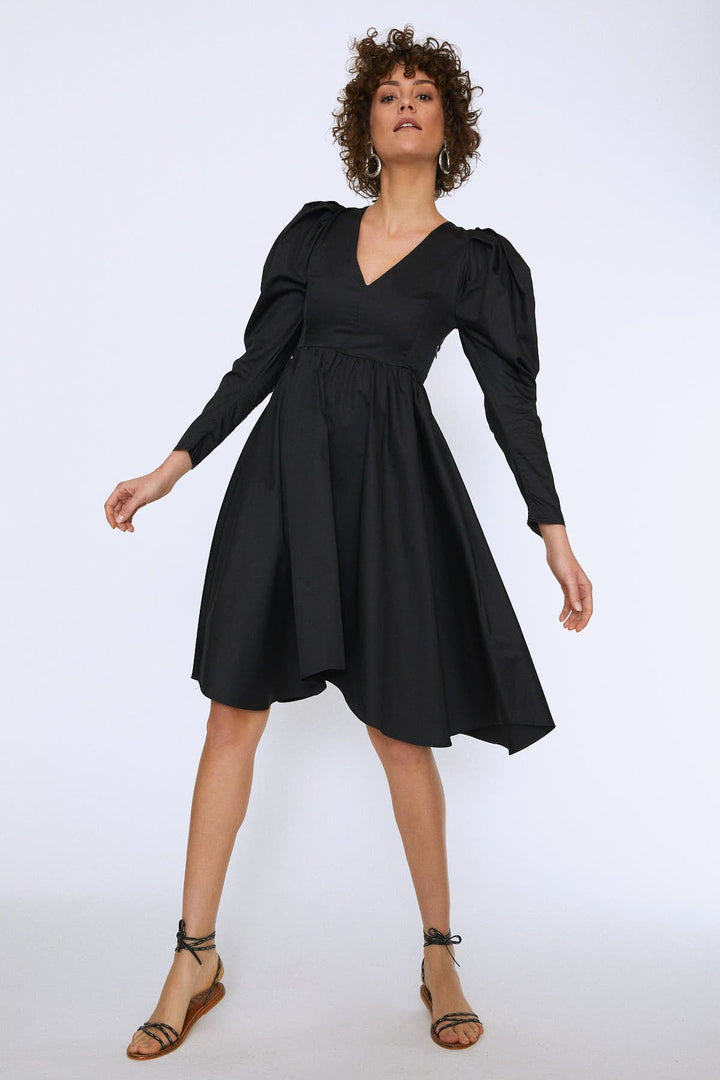 Balloon Sleeve V Neck Midi Dress Black
