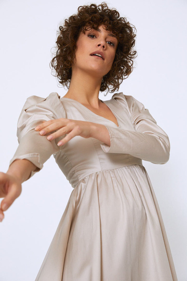 Balloon Sleeve V Neck Midi Dress Stone