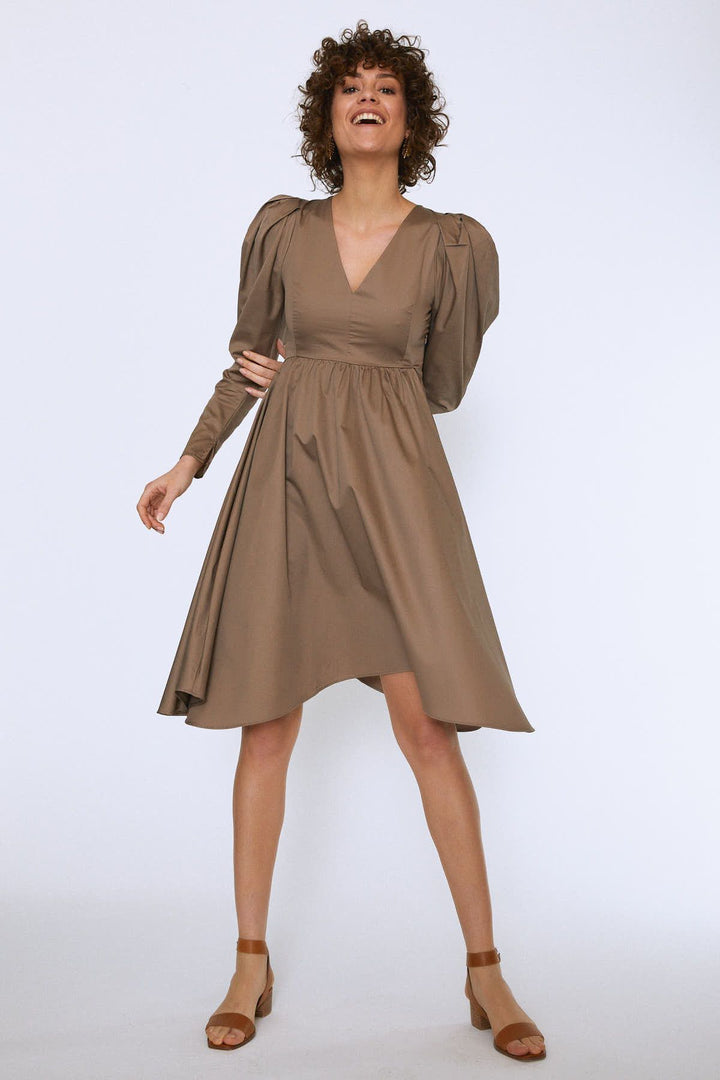 Balloon Sleeve V Neck Midi Dress Earth