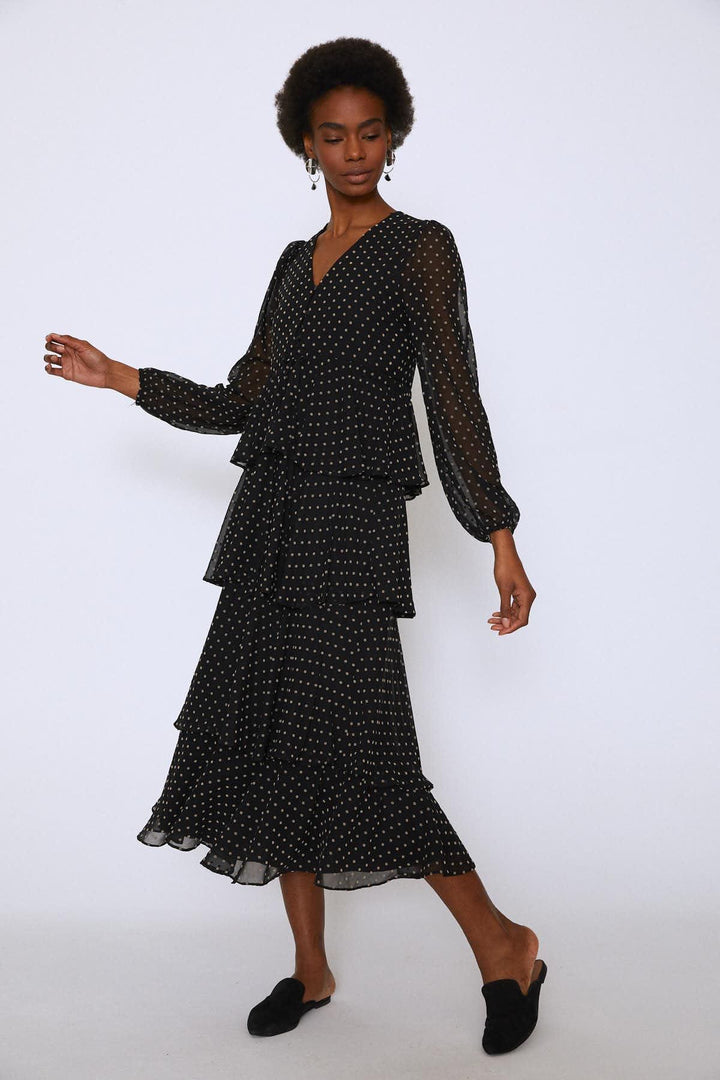 Buttoned Front V-Neck Layered Dress Black