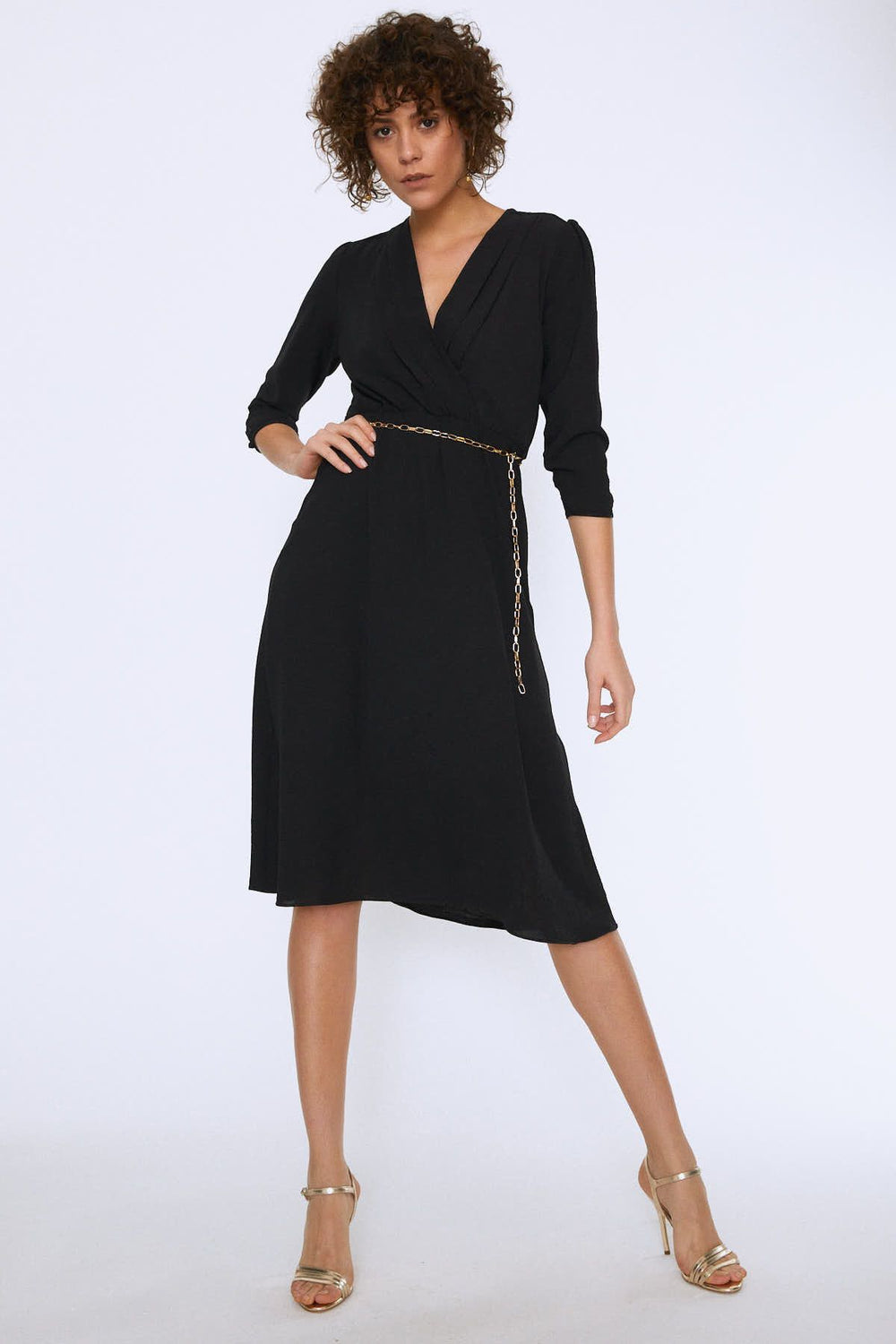 Chain Belt Double Breasted Dress Black