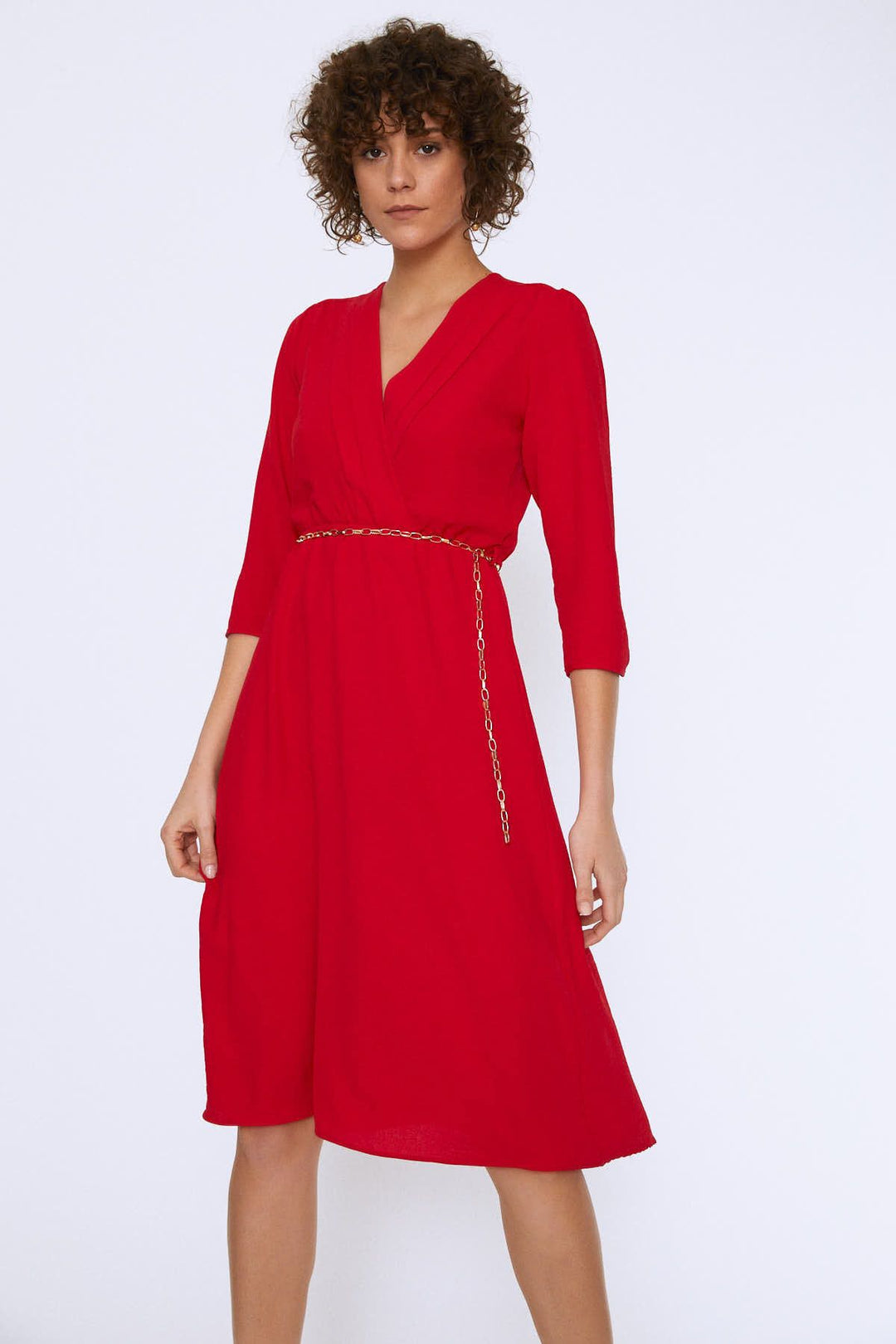 Chain Belt Double Breasted Dress Red