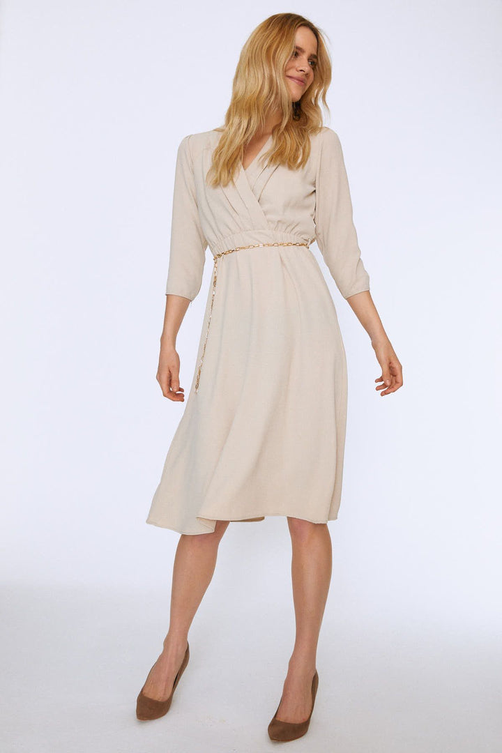 Zincir Kemerli Kruvaze Elbise Taş