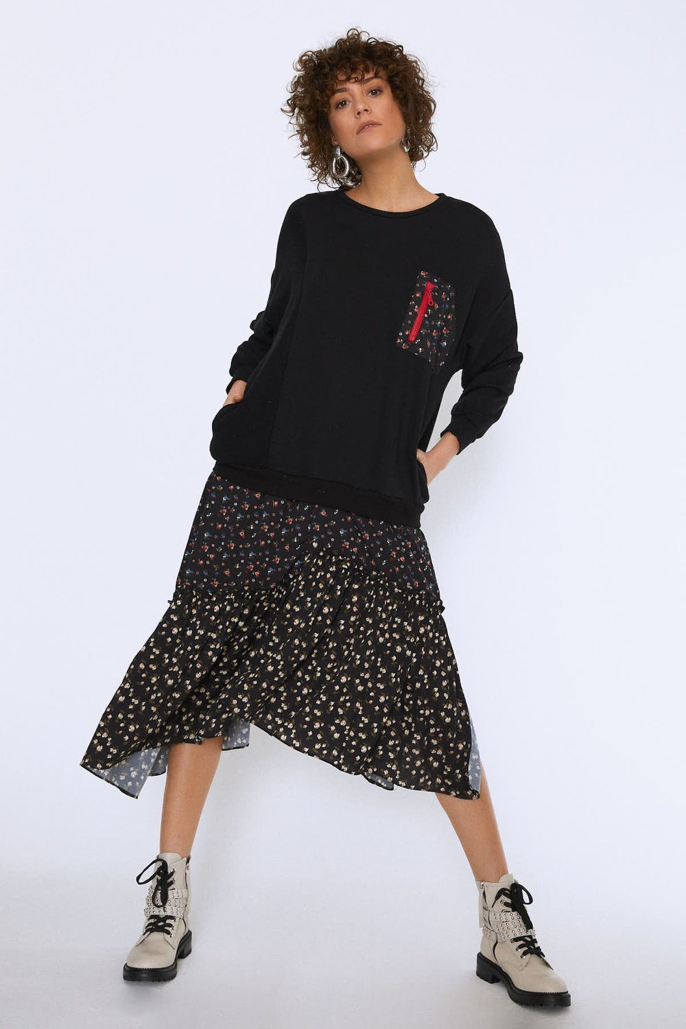 Patterned Pocket Detailed Dress Black