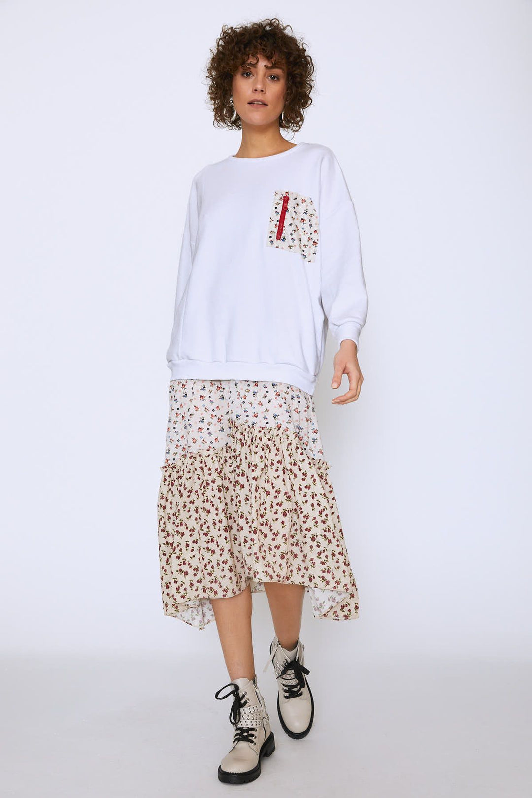 Patterned Pocket Detailed Dress White