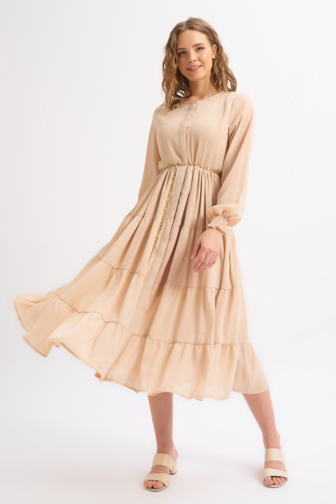 Chain Belt Dress Beige
