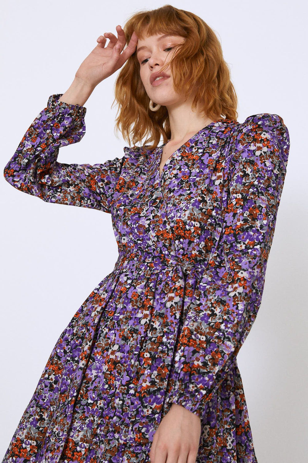 Waist Belted V-Neck Floral Dress Purple